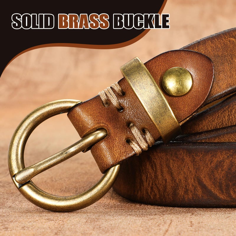 SANSTHS Womens Genuine Leather Belts for Jeans Pants Trendy Vintage Thin Leather Belt Gold Buckle Ladies Skinny Waist Belt,Brown,S - Image 3