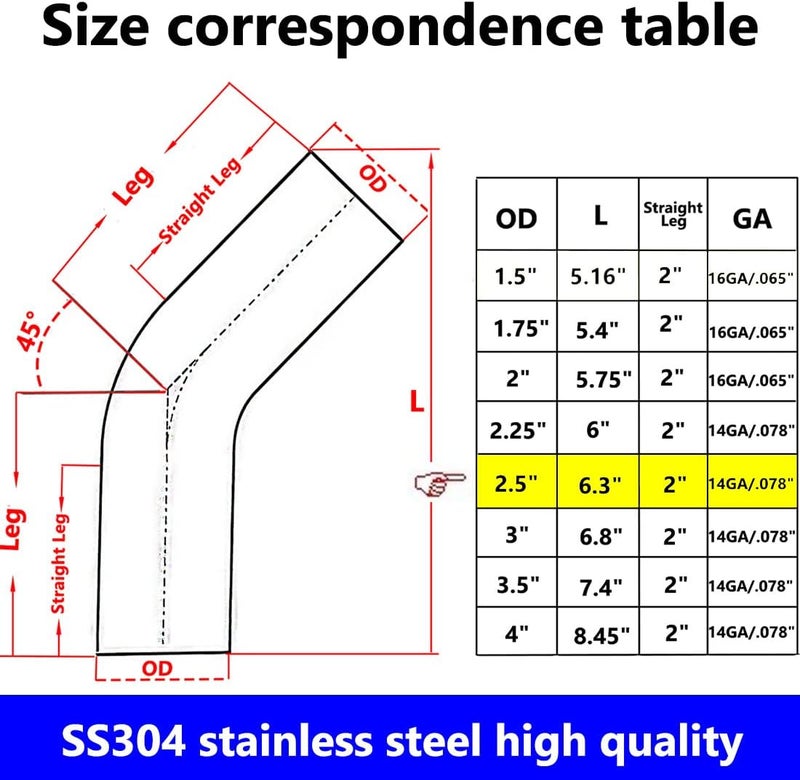 KOTVTM 2.5" Stainless Steel Elbow 45° Mandrel Bend Elbow - 14GA/.078" Wall - SS304 for Exhaust and Pipeline - Image 3