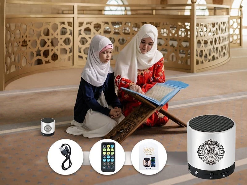 بورتوني مكبر صوت القرآن الكريم، SQ200 مع جهاز تحكم عن بعد بلوتوث، مكبر صوت محمول بلوتوث لاسلكي للقرآن، مشغل MP3 بسعة 8 جيجابايت، بطاقة TF، راديو FM، مترجم القرآن، مكبر صوت قابل للشحن عبر USB، هدية مكة والحج (فضي) - Image 3