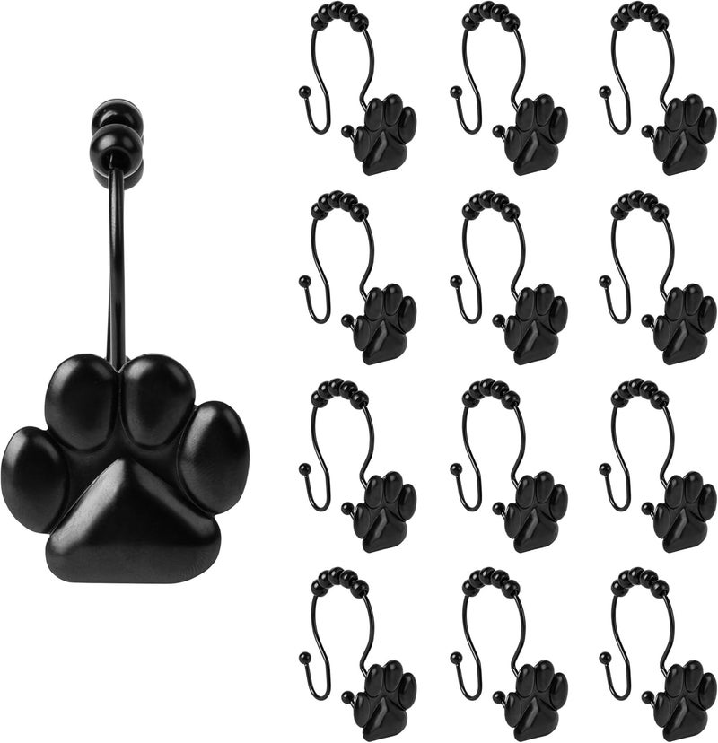 Sunlit Fashion Design Cute Paw Print Polished Double Shower Curtain Hooks for Dog Cat and Bear, Rust Proof Oil Metal Shower Curtain Rings, Black-12 Pack - Image 1