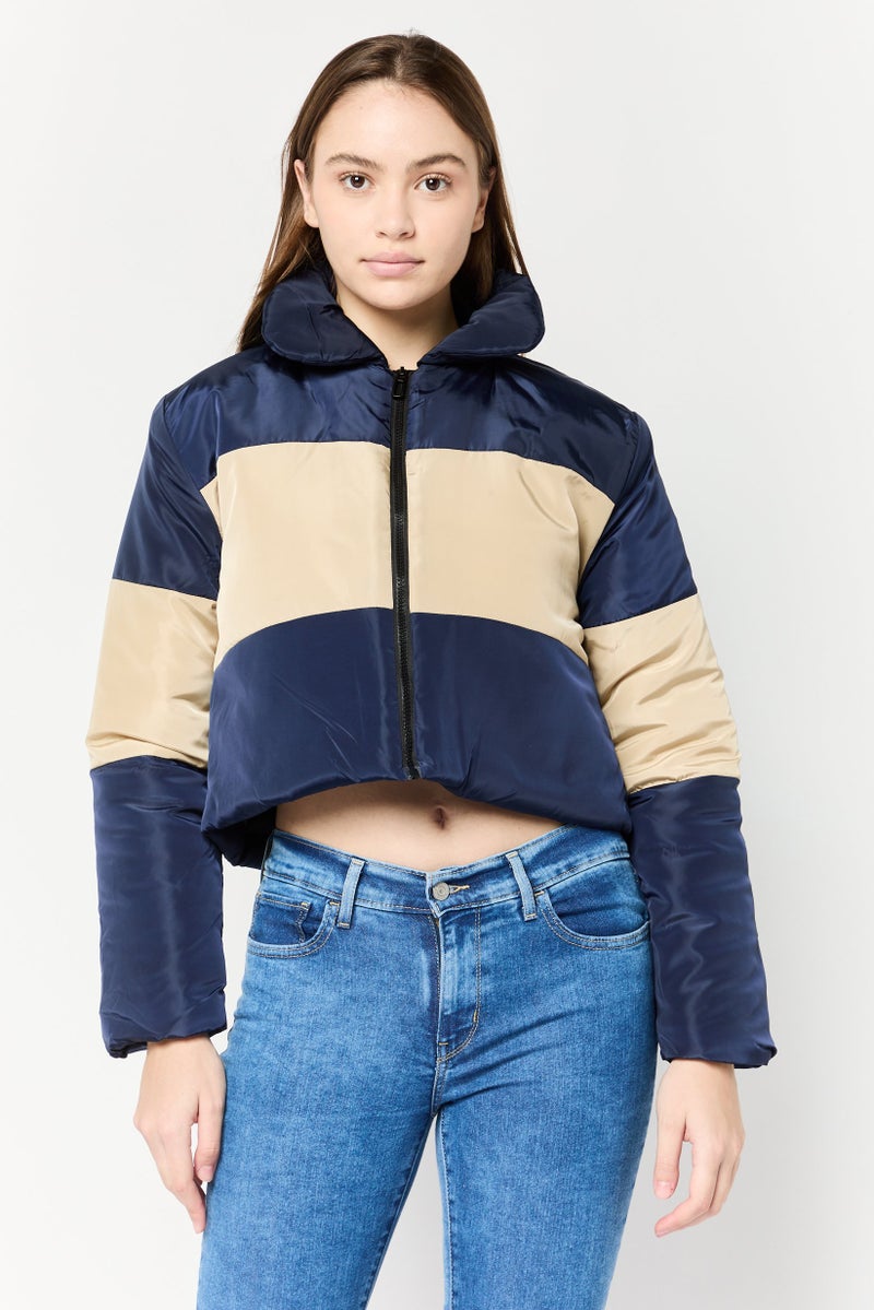 I SAW IT FIRST Women Colorblock Cropped Puffer Jackets, Multicolor - Image 1
