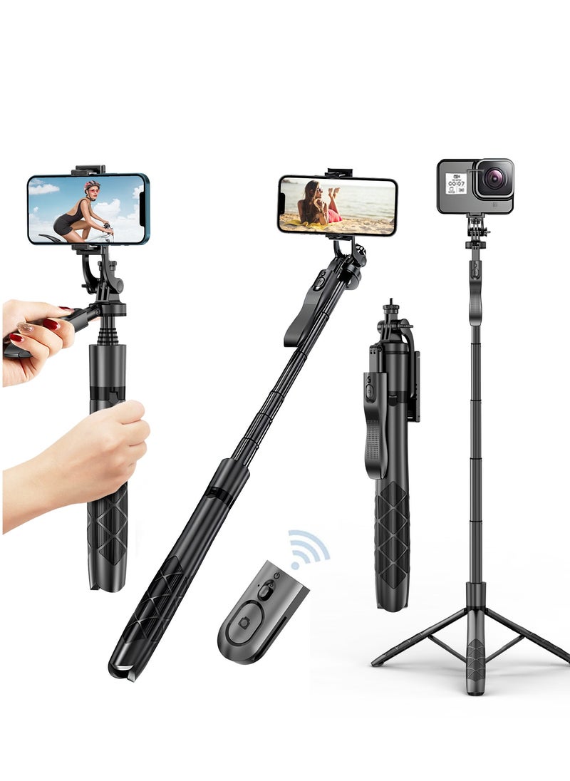 TNW - TNW Cell Phone Tripod with Bluetooth Remote,160cm/63in Portable Extendable Selfie Stick Lightweight Travel Camera Tripod,Compatible with iPhone and Android - Image 1