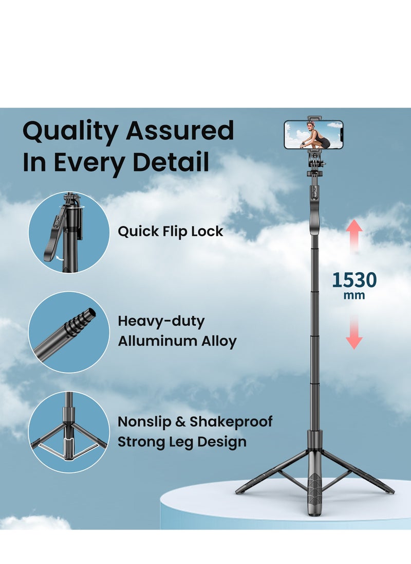 TNW - TNW Cell Phone Tripod with Bluetooth Remote,160cm/63in Portable Extendable Selfie Stick Lightweight Travel Camera Tripod,Compatible with iPhone and Android - Image 1
