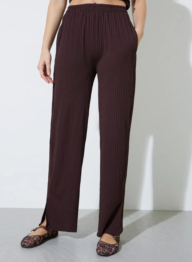 ستايلي Brown Textured Knit Straight Leg Side Slit Pants