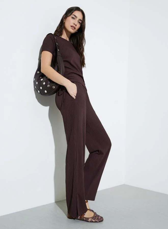 ستايلي Brown Textured Knit Straight Leg Side Slit Pants