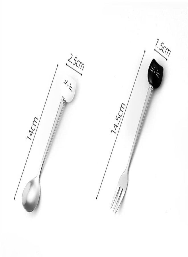 Milepetus Cute Cat Coffee Spoon and Fork Set, Ceramic Stainless Steel Cat Dessert spoon Drink Spoons Fruit Fork(5.7 inch, White&Black(Spoon+Fork Set A)) - Image 2