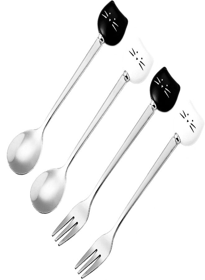 Milepetus Cute Cat Coffee Spoon and Fork Set, Ceramic Stainless Steel Cat Dessert spoon Drink Spoons Fruit Fork(5.7 inch, White&Black(Spoon+Fork Set A)) - Image 1