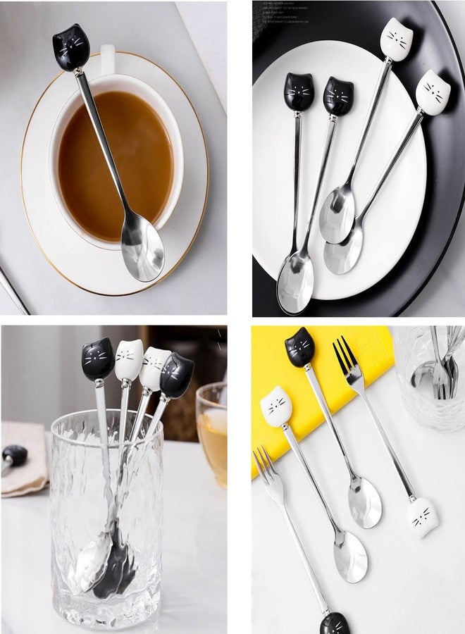 Milepetus Cute Cat Coffee Spoon and Fork Set, Ceramic Stainless Steel Cat Dessert spoon Drink Spoons Fruit Fork(5.7 inch, White&Black(Spoon+Fork Set A)) - Image 4