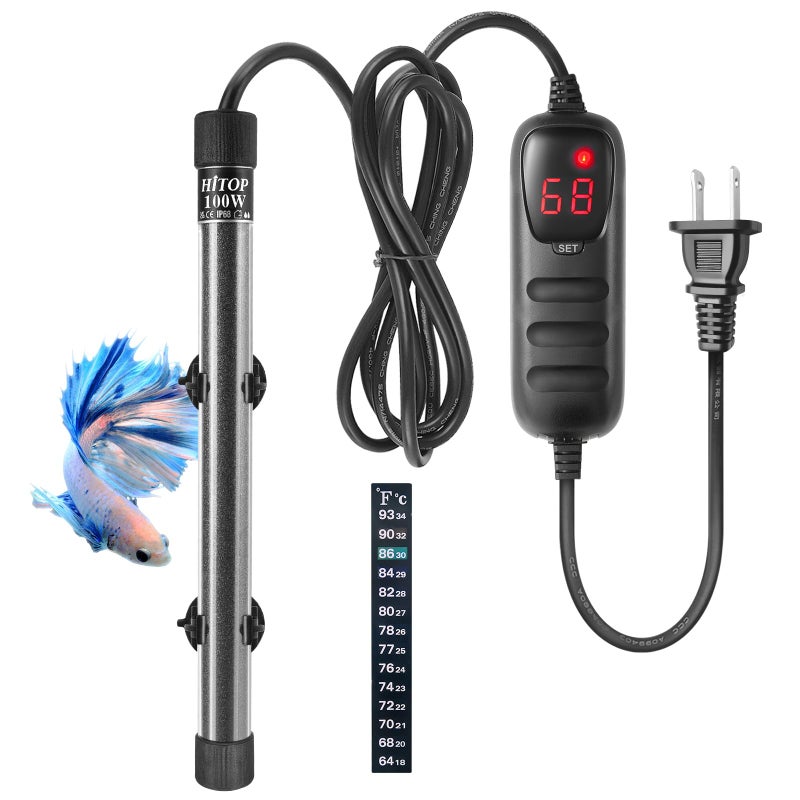 HITOP Compact Submersible Aquarium Heater -100W Digital Heater for Fish Tank Turtle Tank 10-25 Gallon, Saltwater and Fresh Water with Temperature Controller (100W) - Image 1