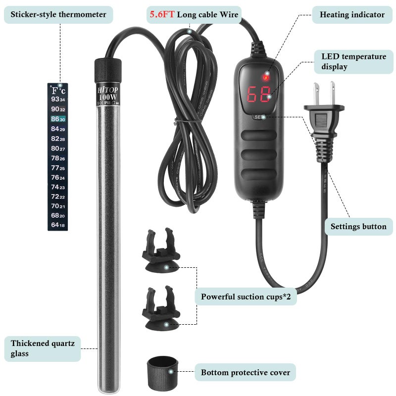 HITOP Compact Submersible Aquarium Heater -100W Digital Heater for Fish Tank Turtle Tank 10-25 Gallon, Saltwater and Fresh Water with Temperature Controller (100W) - Image 5