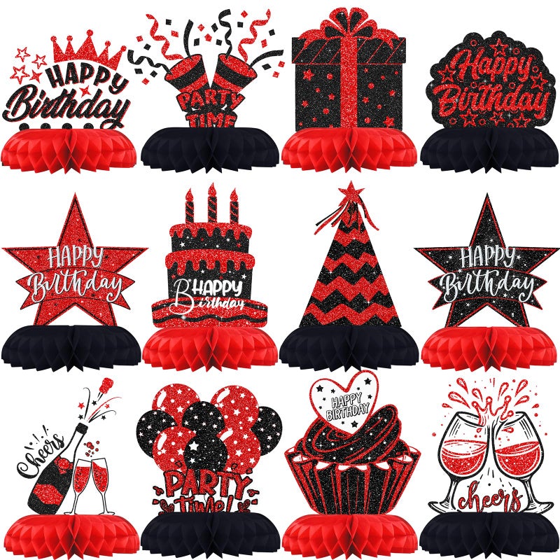 Celee Black and Red Birthday Decorations â€“ 12PCS Honeycomb Table Centerpieces for Men Women Adults â€“ Happy Birthday Table Decor Party Supplies - Image 1