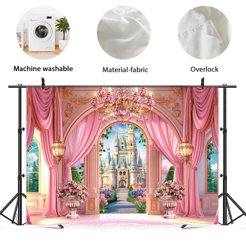 Newsely Princess Castle Garden Backdrop 7Wx5H Photography Pink Palace Curtain Floral Green Plants Cloud Crystal Lamp Sky Cute Background Girly Party Decorations Banner Photo Booth Props Supplies - Image 5