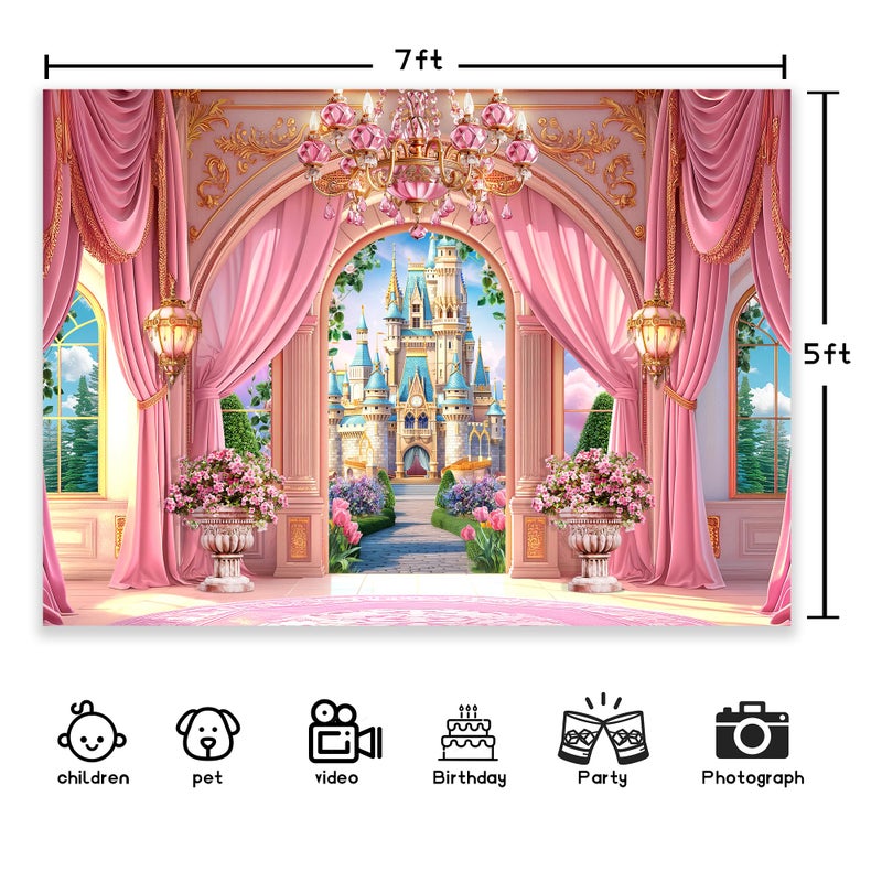 Newsely Princess Castle Garden Backdrop 7Wx5H Photography Pink Palace Curtain Floral Green Plants Cloud Crystal Lamp Sky Cute Background Girly Party Decorations Banner Photo Booth Props Supplies - Image 3