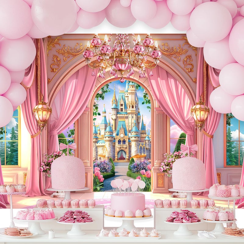 Newsely Princess Castle Garden Backdrop 7Wx5H Photography Pink Palace Curtain Floral Green Plants Cloud Crystal Lamp Sky Cute Background Girly Party Decorations Banner Photo Booth Props Supplies - Image 2