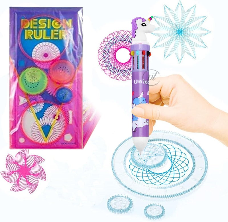 Promote 1 pc Transparent Colorful Plastic Washable Drawing Painting Graphics Unique Scale with Unicorn Multicolor Ten in One Ballpoint Pen| Stencil for Kid Craft, School Project - Image 1