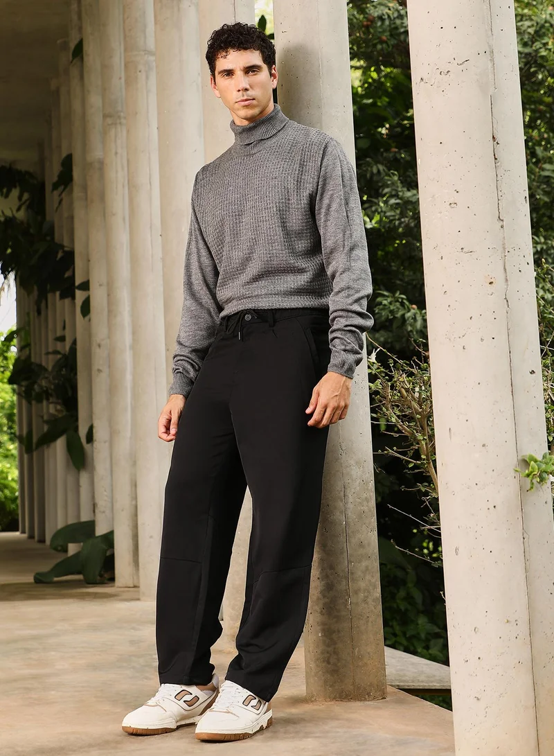 CAHOOT  Men Pleated Relaxed Trousers | Mid-Rise, Side-Elasticaed Stretch | Drawstring , Straight Hem | Solid Plain | Woven Fabric For Casual & Street Wear | Onyx Black for Men | Best Price UAE