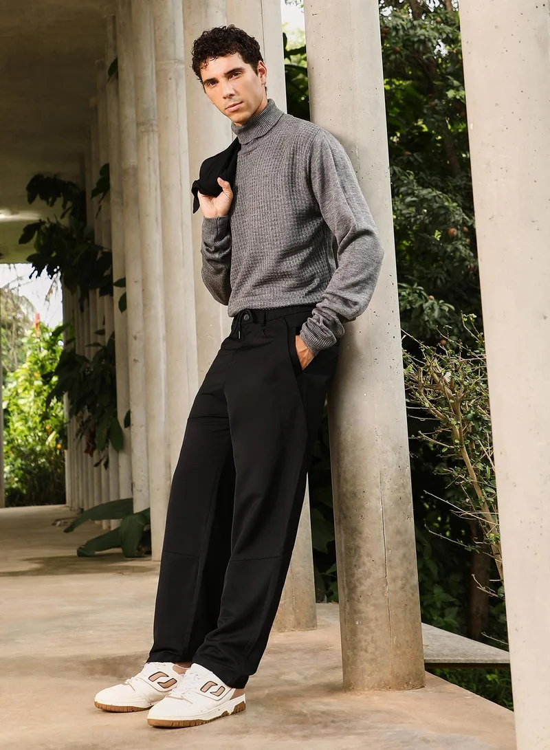 CAHOOT  Men Pleated Relaxed Trousers | Mid-Rise, Side-Elasticaed Stretch | Drawstring , Straight Hem | Solid Plain | Woven Fabric For Casual & Street Wear | Onyx Black for Men | Best Price UAE