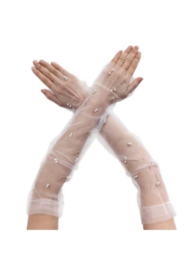 daydayup Women Sheer Long Gloves Pearl Mesh Tulle Sheer Gloves Wedding Bridal Gloves - Image 1