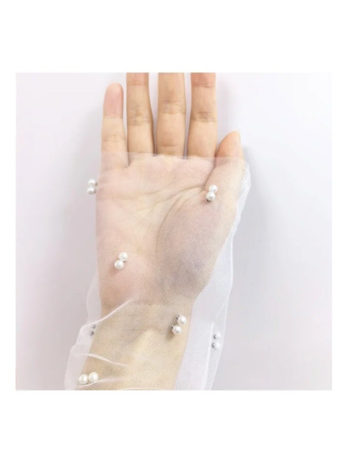 daydayup Women Sheer Long Gloves Pearl Mesh Tulle Sheer Gloves Wedding Bridal Gloves - Image 2