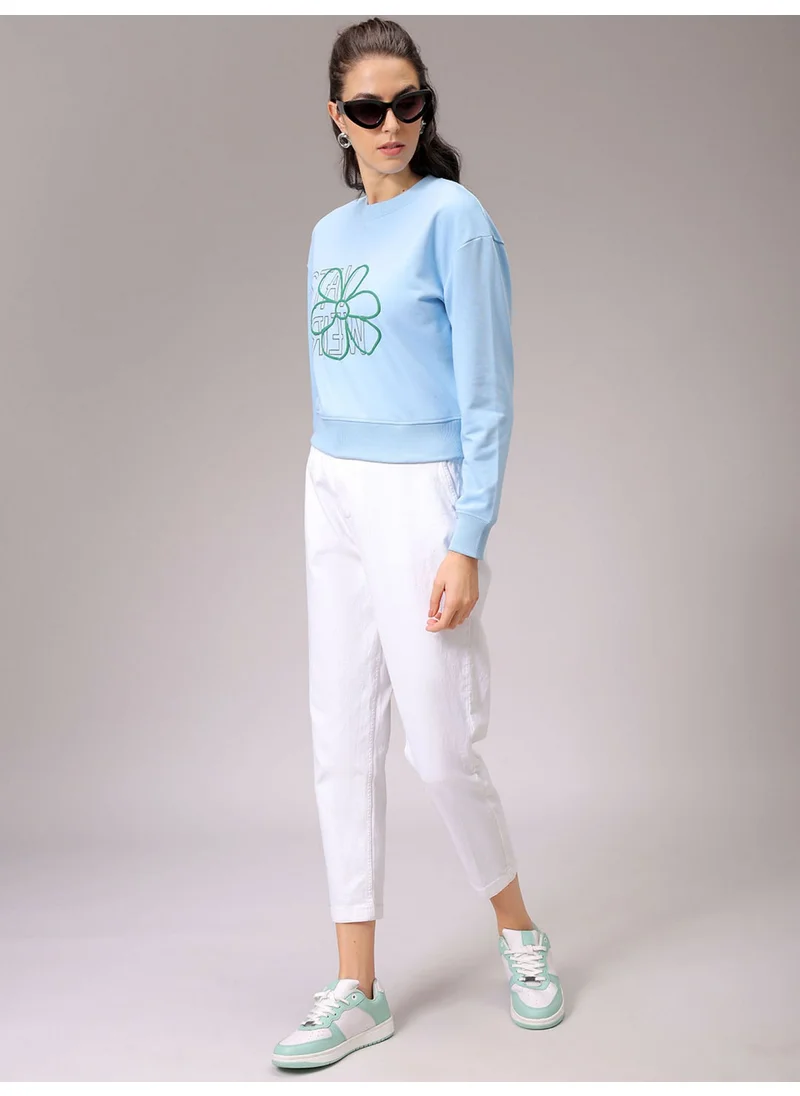 مرفوعة Women Relaxed Blue Printed Crew Neck Long Sleeve Sweatshirt