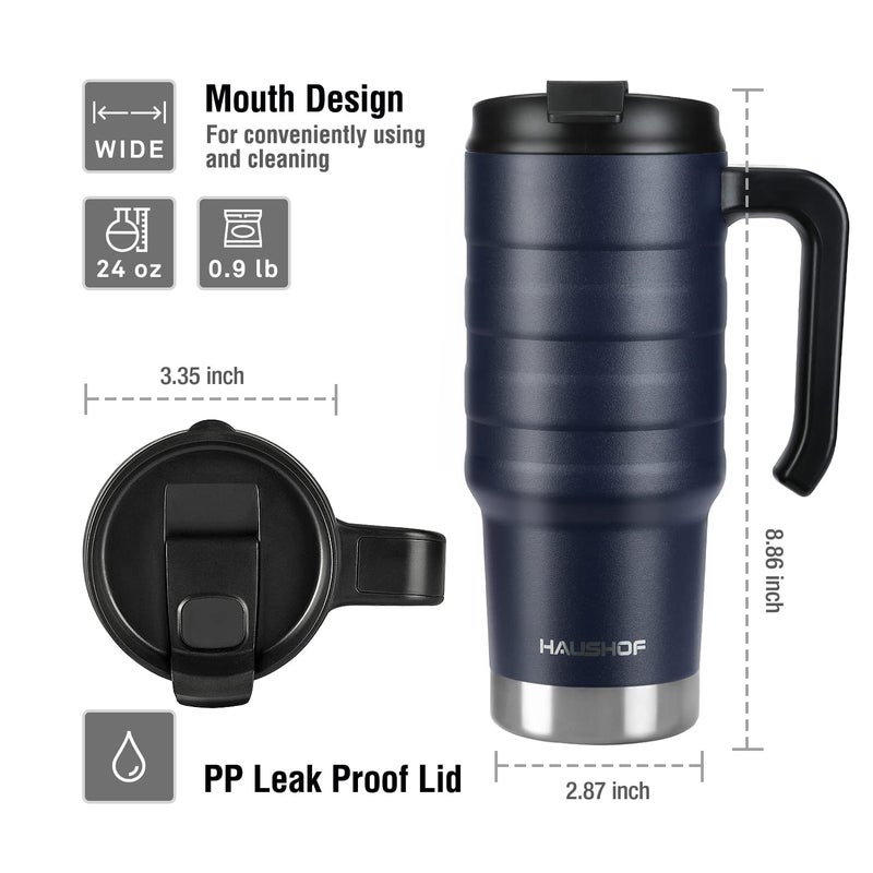 HAUSHOF 24 oz Travel Mug  Stainless Double Wall Vacuum Insulated Tumbler with Handle & Spill Proof Twist On Flip Lid and Wide Mouth  BPA Free (Navy Blue) - Image 2