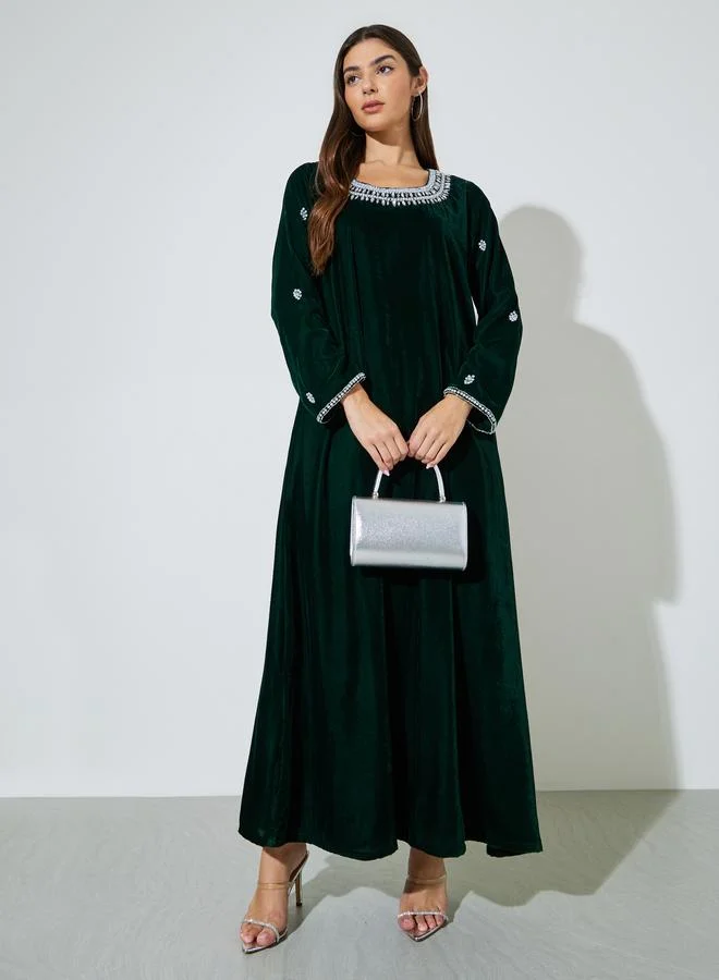 Dark Green Rhinestone Embellished Velvet Jalabiya