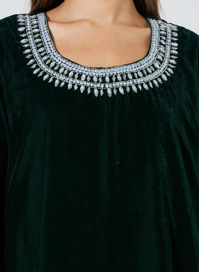 Amirah  Dark Green Rhinestone Embellished Velvet Jalabiya for Women | Best Price UAE