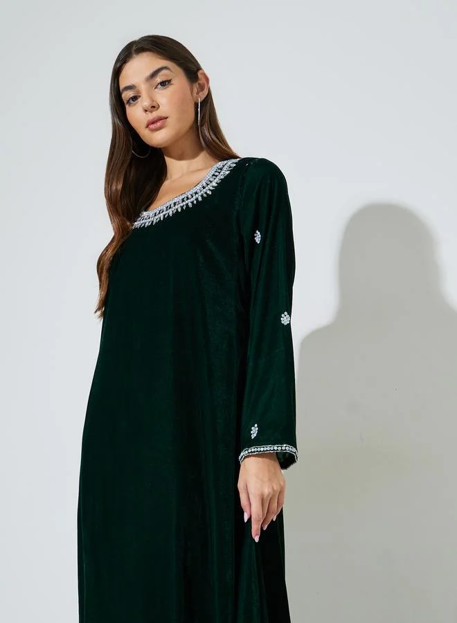 Amirah  Dark Green Rhinestone Embellished Velvet Jalabiya for Women | Best Price UAE