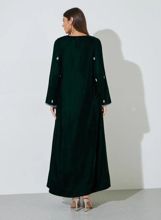 Amirah  Dark Green Rhinestone Embellished Velvet Jalabiya for Women | Best Price UAE