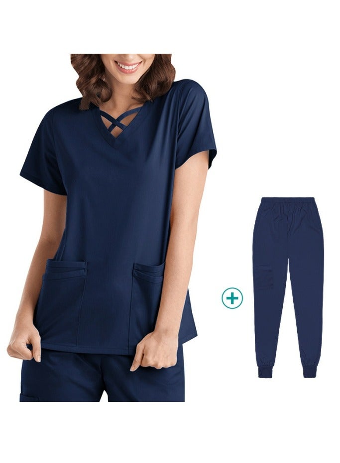 Loquat Womens Medical Uniform Scrubs 2 Piece Set V-Neck Top and Jogger Pants Suit Navy Blue - Image 1