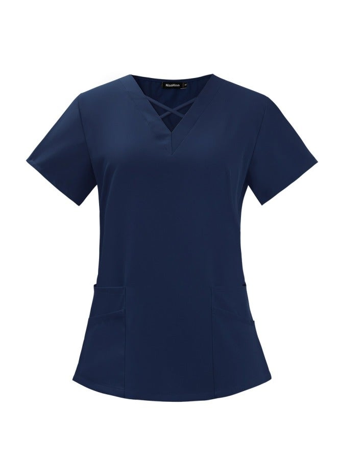 Loquat Womens Medical Uniform Scrubs 2 Piece Set V-Neck Top and Jogger Pants Suit Navy Blue - Image 2