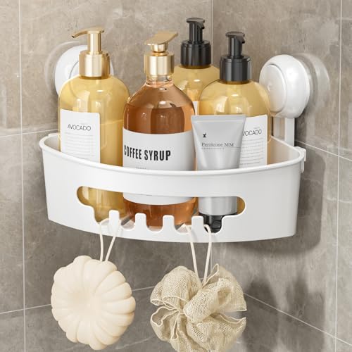 LEVERLOC Corner Shower Caddy Suction Cup, Shower Caddy Basket Powerful Suction Bathroom, Waterproof & Rustproof Organizer for Bathroom Storage, No-Drilling Removable (White) - Image 1
