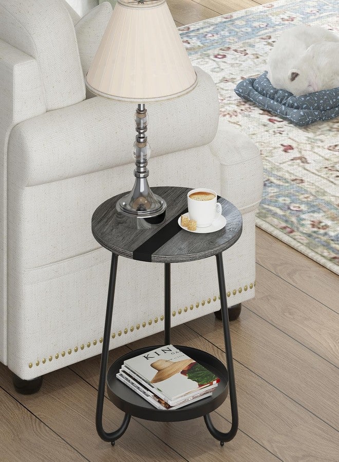 MOFAIN 2 Tier Coffee Table in Living Room, Industrial Style Round Coffee Table with Metal Tray, Wood Small Outdoor Coffee Table for Bedroom Balcony Patio, Gray - Image 2