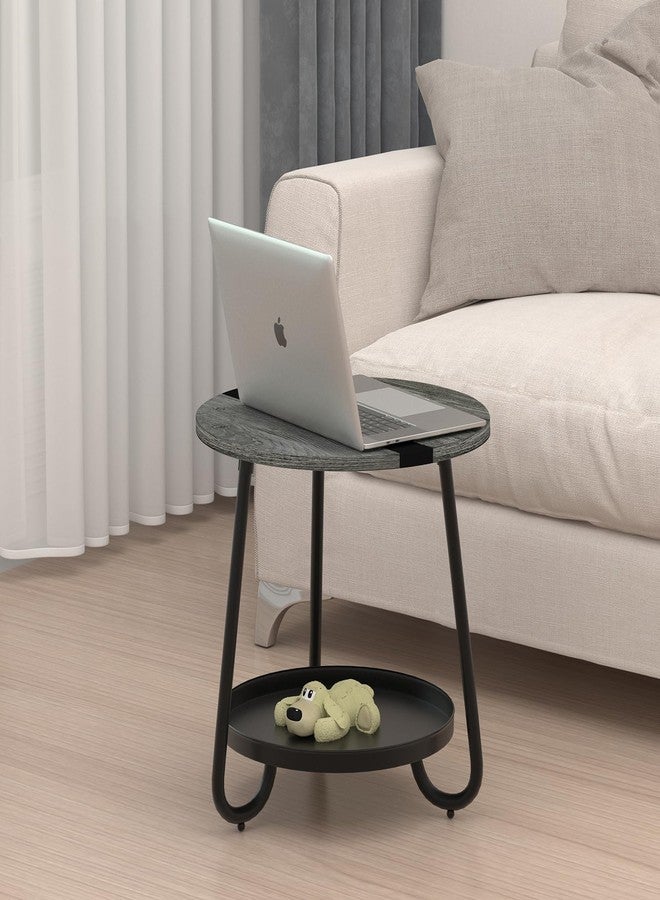 MOFAIN 2 Tier Coffee Table in Living Room, Industrial Style Round Coffee Table with Metal Tray, Wood Small Outdoor Coffee Table for Bedroom Balcony Patio, Gray - Image 5