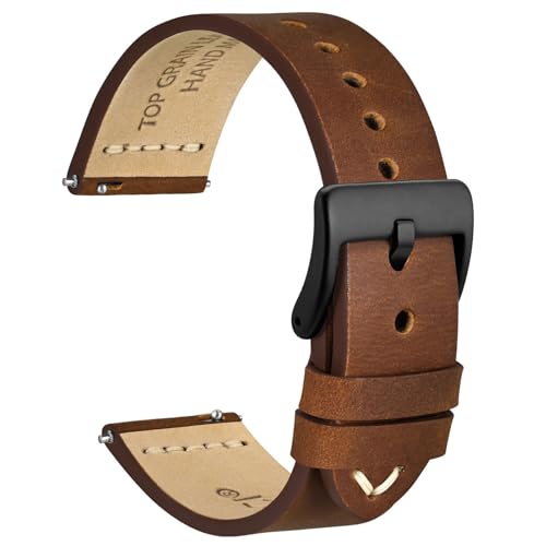 WOCCI 21mm Oldfashioned Watch Band for Men Top Grain Leather Black Matte Buckle Caramel Brown - Image 1