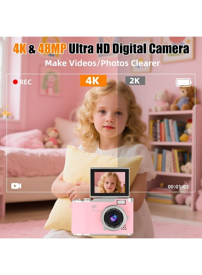 إيغوروف كاميرا رقمية بدقة 4K مزودة ببطاقة ذاكرة سعة 128 جيجابايت، كاميرا رقمية محمولة بتقنية CCD كلاسيكية مخصصة لالتقاط الصور أثناء رحلات الطلاب، بدقة 48 ميجابكسل عالية الوضوح، وشاشة قابلة للانعكاس بزاوية 180 درجة لالتقاط صور السيلفي، وكاميرا جيب محمولة [لون وردي] - Image 2
