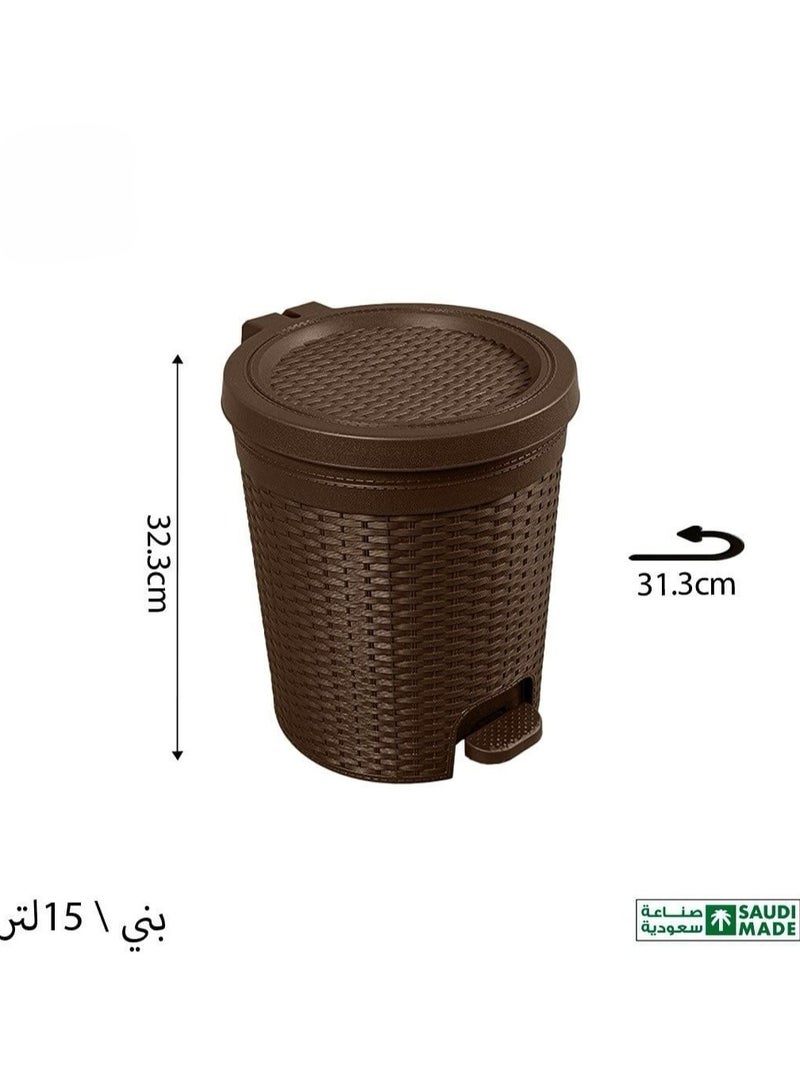 بلاستيكنا سلة مهملات مزودة بدواسة قدم، نسيج راتان دائرية  للمكاتب والغرف، 15لتر، لون بني - Image 2