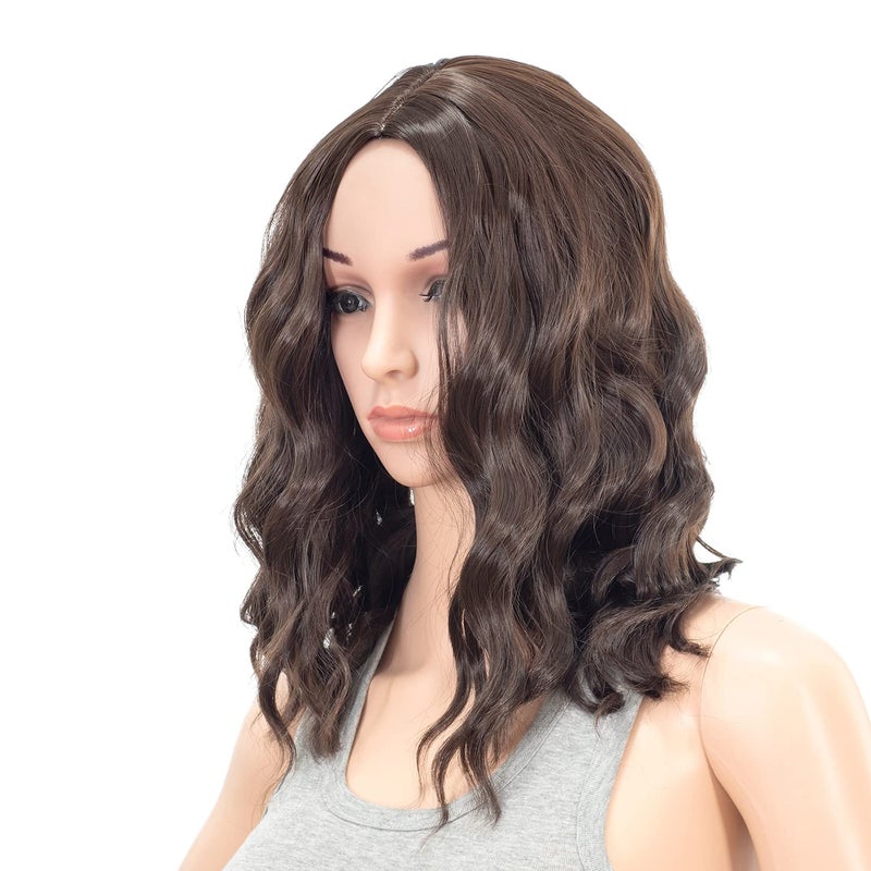 SWACC باروكة قصيرة مموجة ومجعدة بطول 15 بوصة من SWACC، بطول متوسط، مصنوعة من ألياف صناعية ملونة، باروكة للحفلات اليومية للنساء مع غطاء باروكة، بني داكن