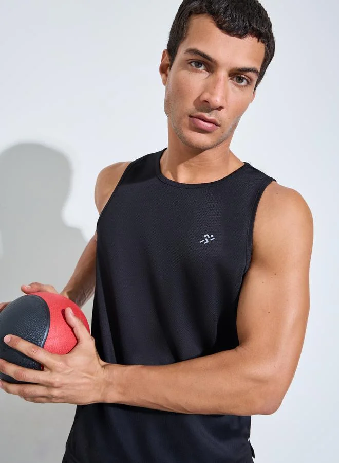 ستايلي Men Black Mesh Tank Top with Side Slits and Reflective Print