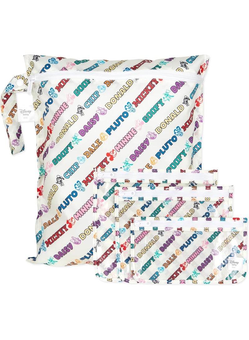 Bumkins - Waterproof Wet Bag & Clear Travel Bags - For Beach, Baby, Travel, Swim Suit, Cloth Diapers, Pump Parts, Pool, Gym, Toiletries - Reusable & Easy to Clean - Mickey and Friends White - 4 Pack - Image 1