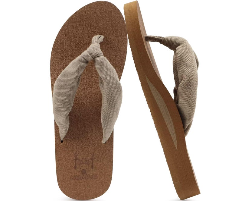 KuaiLu Flip Flops Women Arch Support Yoga Mat Comfortable Summer Beach Walking Thong Cushion Sandals Slip on Outfits Travel Essential Orthotic Slides Indoor Outdoor Slippers Shoes Camel Apricot Size 9 - Image 1