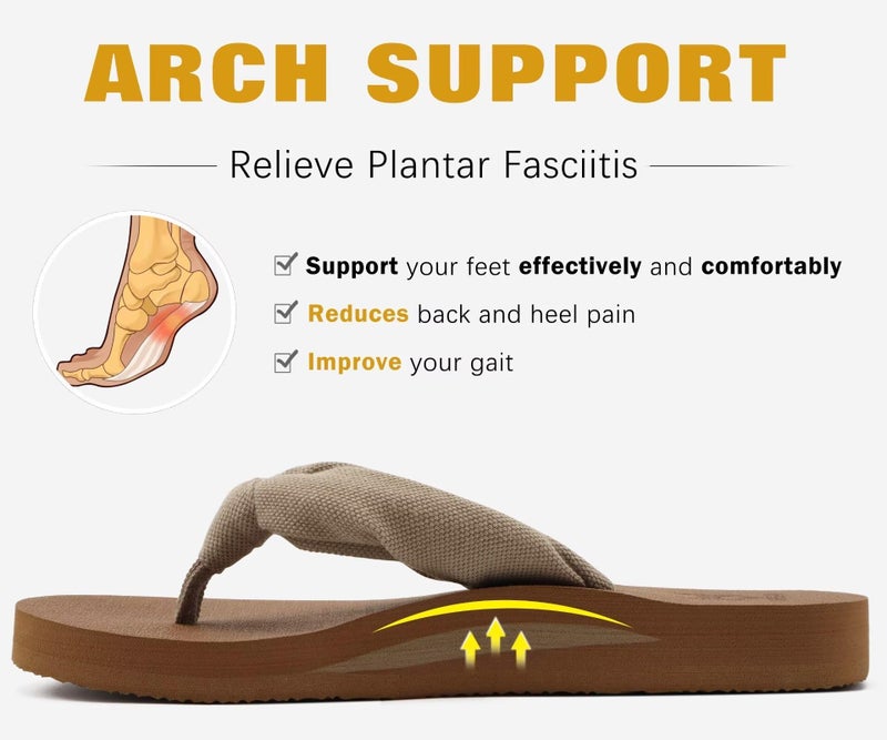KuaiLu Flip Flops Women Arch Support Yoga Mat Comfortable Summer Beach Walking Thong Cushion Sandals Slip on Outfits Travel Essential Orthotic Slides Indoor Outdoor Slippers Shoes Camel Apricot Size 9 - Image 4
