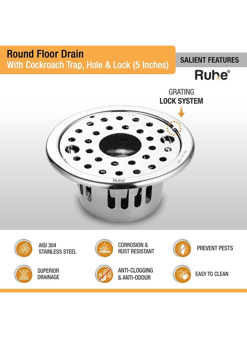RUHE - Ruhe® Round Floor Drain (5 Inches) with Hole | 304-Grade Stainless Steel Drain Jali with Cockroach Trap | Floor Trap with Collar & Rotating Lock - Image 1