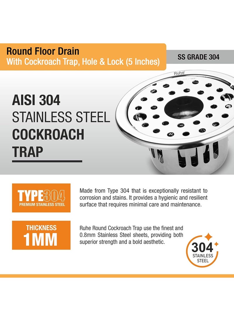RUHE - Ruhe® Round Floor Drain (5 Inches) with Hole | 304-Grade Stainless Steel Drain Jali with Cockroach Trap | Floor Trap with Collar & Rotating Lock - Image 1