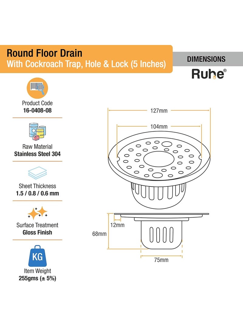 RUHE - Ruhe® Round Floor Drain (5 Inches) with Hole | 304-Grade Stainless Steel Drain Jali with Cockroach Trap | Floor Trap with Collar & Rotating Lock - Image 1