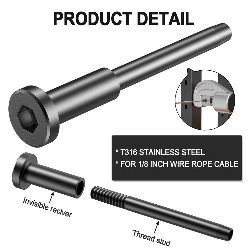 BLIKA 24 Pack 1/8" Black Stainless Steel Invisible Receiver and Swage Stud End for Cable Railing, Deck Stair Threaded End Fitting for Wood & Metal Post, Black Cable Railing Hardware - Image 3