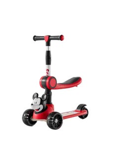 A three-wheeled kids' scooter with a fun design inspired by the iconic Mickey Mouse character. Available in red, black, and white, it features a comfortable, foldable seat, a wide base for stability, and a child-friendly handlebar. Ideal for promoting balance and fun during every playtime.