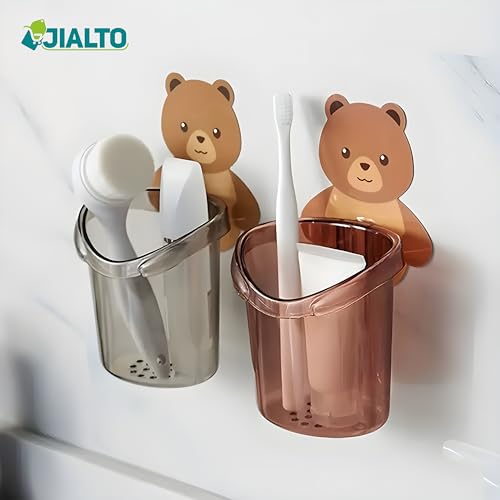JIALTO Toothbrush Holder, Plastic Brush Holder 3 Pcs Set, Self Adhesive Toothbrush Holder for Bathroom Wall, Tooth Brush Stand Storage Toothbrush, Toothpaste, Teddy Bear Shaped (Multicolor) - Image 4