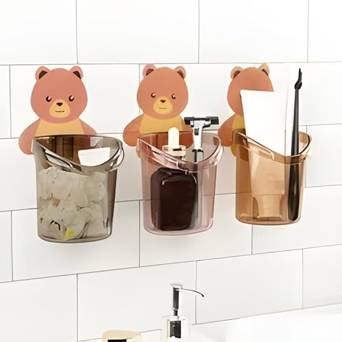 JIALTO Toothbrush Holder, Plastic Brush Holder 3 Pcs Set, Self Adhesive Toothbrush Holder for Bathroom Wall, Tooth Brush Stand Storage Toothbrush, Toothpaste, Teddy Bear Shaped (Multicolor) - Image 1