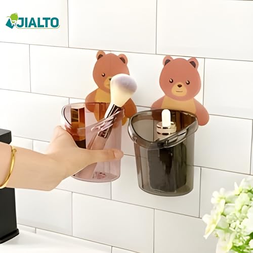 JIALTO Toothbrush Holder, Plastic Brush Holder 3 Pcs Set, Self Adhesive Toothbrush Holder for Bathroom Wall, Tooth Brush Stand Storage Toothbrush, Toothpaste, Teddy Bear Shaped (Multicolor) - Image 3